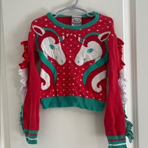 Christmas Unicorn Sweater with fringe sleeves